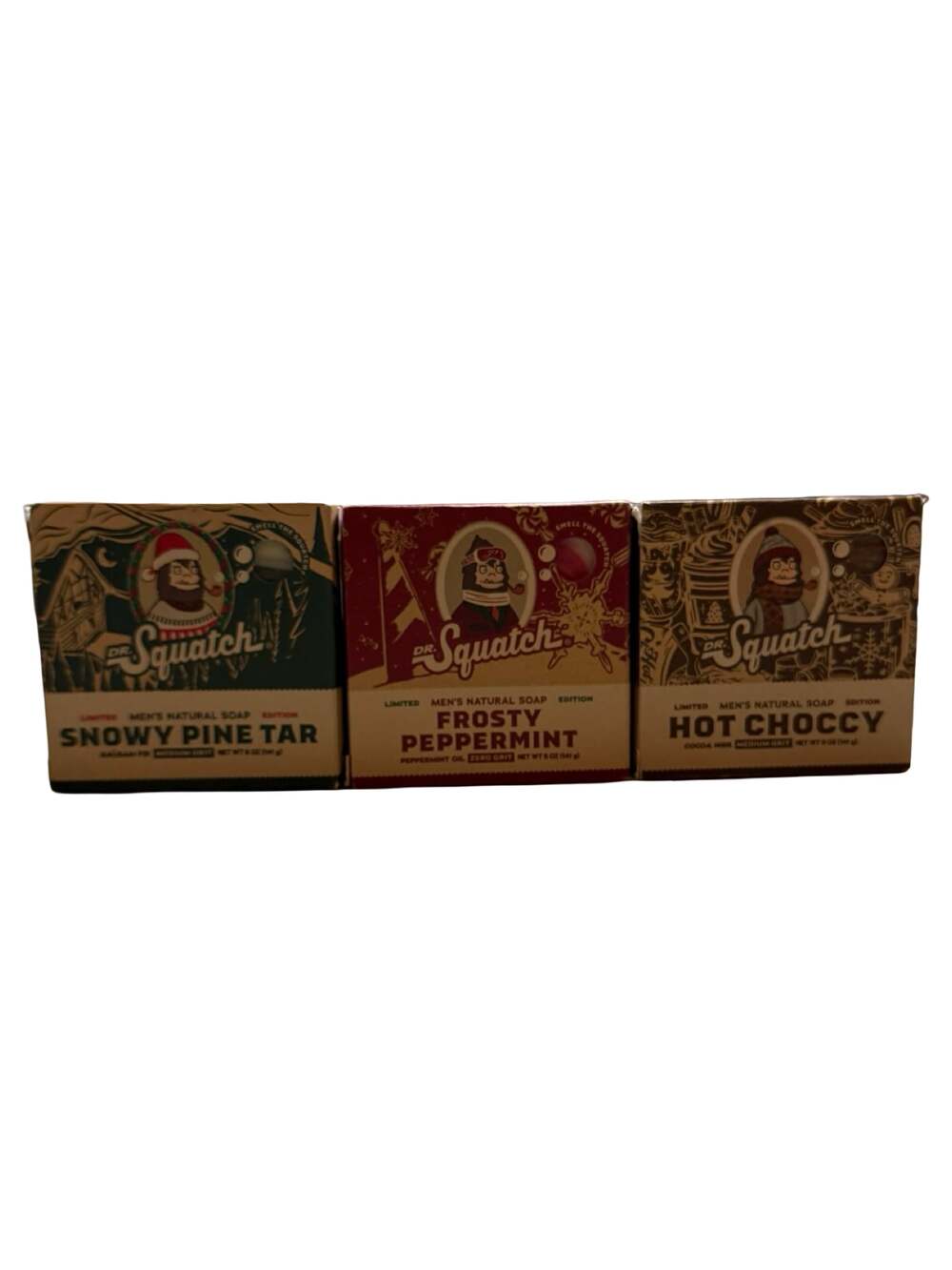 Dr. Squatch Limited Holiday 3 Soaps: Snowy Pine, Frosty Peppermint, Hot Choccy